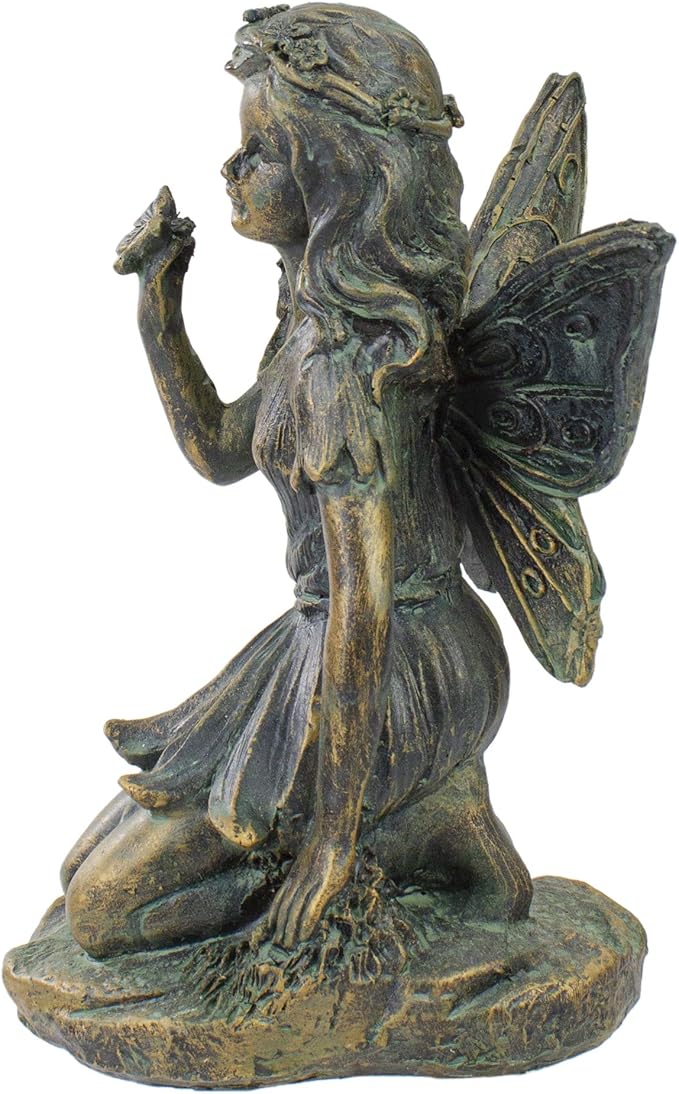 Northlight Set of 2 Bronze Kneeling Fairies with Flowers and a Butterfly Outdoor Garden Statues - 7"