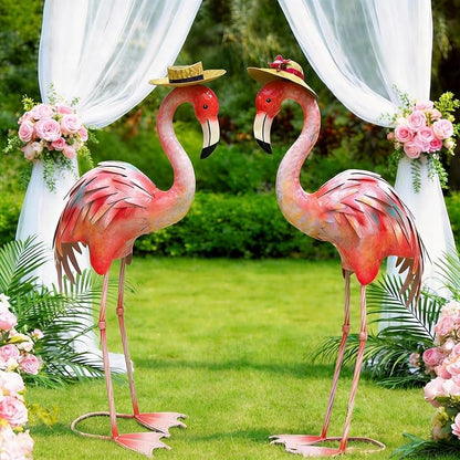 chisheen Flamingo Statues Pink Bird Art Garden Sculptures Outdoor Metal Yard Decor for Wedding Gifts Patio Lawn Porch Ornament Decoration