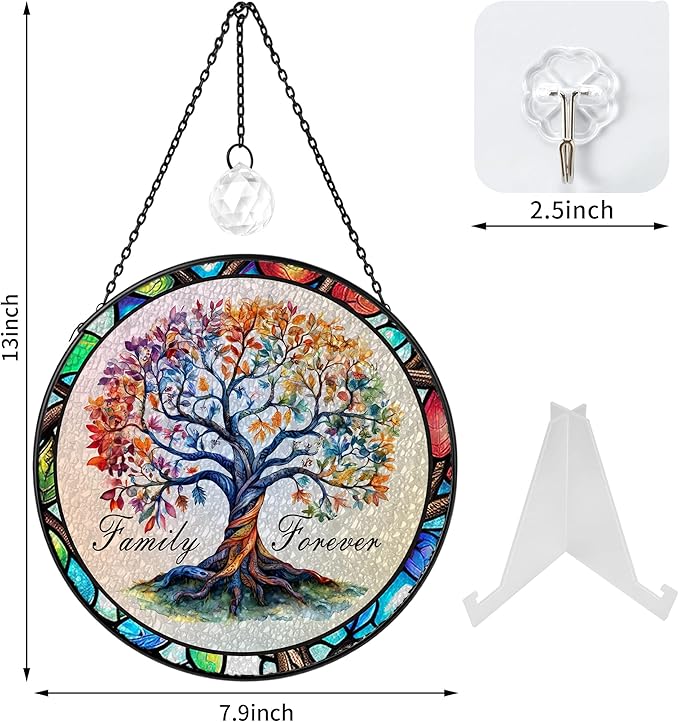 Tree of Life Stained Glass Window Hanging Family Tree Suncatcher for Door Home Decor Desk Decorations Gifts for Women (Glass-Family Forever, 7.8x7.8 in)