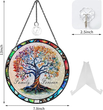 Tree of Life Stained Glass Window Hanging Family Tree Suncatcher for Door Home Decor Desk Decorations Gifts for Women (Glass-Family Forever, 7.8x7.8 in)