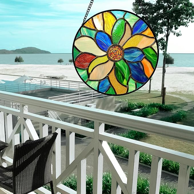 Stained Glass Window Hanging Colorful Flowers Large 15" - Abstract Suncatcher Door Terrace Garden Sun Catcher Home Decor Birthday Christmas for Mom Men Woman Nana Wife