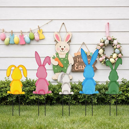 Metal Easter Yard Signs 5pcs with Stakes Welcome Peeps Bunny Garden Decorations Outdoor Holiday Welcome Signs for Happy Easter Themed Festival Party Supplies, Lawn, Garden Yard Decor