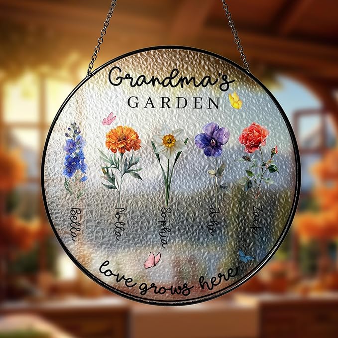 NAZENTI Personalized Birth Flowers Stained Glass Suncatcher for Gigi, Stained Glass Window Hanging Suncatcher with Kids Name, for Grandma, Personalized Mimi Flower Garden