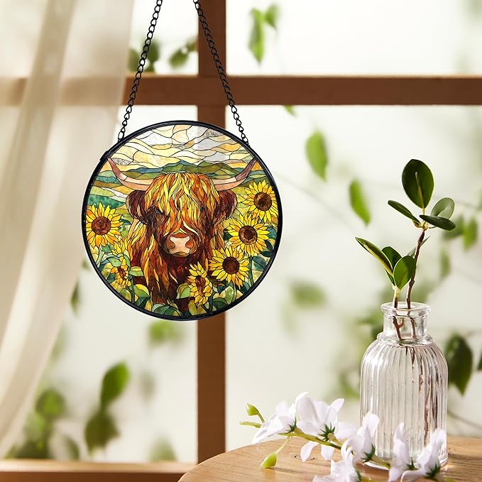 Highland Cow Decor, Sunflower Suncatchers Stained Glass Window Hanging, Western Highland Cow Flower Sun Catchers Indoor Window Glass Round Wall Decor 7.9x7.9in