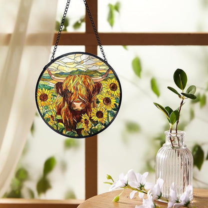 Highland Cow Decor, Sunflower Suncatchers Stained Glass Window Hanging, Western Highland Cow Flower Sun Catchers Indoor Window Glass Round Wall Decor 7.9x7.9in