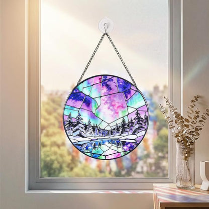 Stained Glass Window Hanging Suncatchers with Aurora Borealis 12.6", Winter Landscape Glass Panel with Metal Chain for Home Decor Gift for Women Mother's Day, Birthday, Men, and Mom