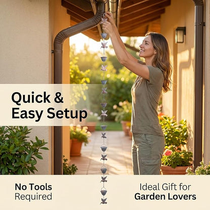 8.8Ft Metal Hummingbird Rain Chain for Gutters, 8 Cups 9 Birds Design, Outdoor Downspout Replacement, Tool-Free Installation, Decorative for Patio, Garden, Backyard and Balcony.