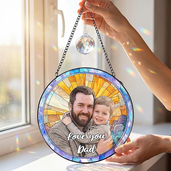 Personalized Stained Glass Windows Hanging, Dad Picture Suncatcher Ornament, Custom Photo Gift, Birthday Father Grandpa Gifts