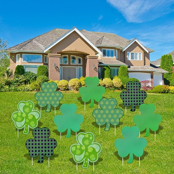 10 Pieces St. Patrick's Day Decorations Outdoor Yard Garden Porch Lawn Sign - 5 Assorted Shamrock Design 12.6 x 11 Inches Large Green Clover Signs with Stakes for Saint Patrick Irish Theme Party Favor