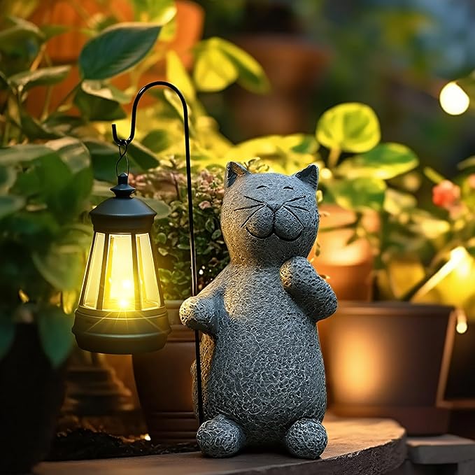 Solar Cat Garden Statues with LED Lights, Outdoor Decor for Patio Yard Balcony - Unique Housewarming Birthday Gifts for Women Mom Grandma