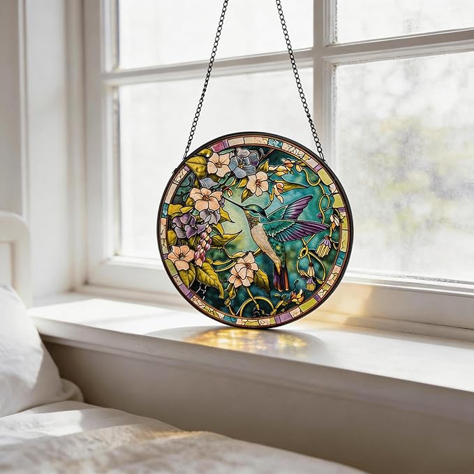 Stained Glass Sun Catcher,Fly HummingbirdStained Glass Window Hanging Garden Decor,Sun Catchers Indoor Window,Whimsical Decoration for Home Backyard Patio Lawn Porch with 6.3 INCH