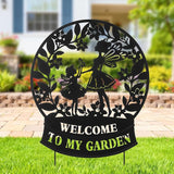 Glitzhome Flower Fairy Decorative Garden Stakes, 30" H Black Metal Silhouette with Welcome to My Garden Banner, Iron Garden Yard Art Decor for Lawn or Wall Decor