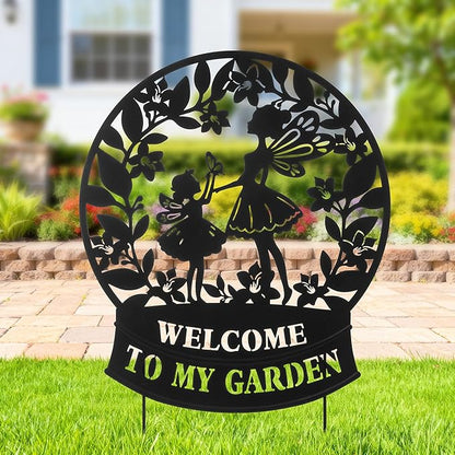 Glitzhome Flower Fairy Decorative Garden Stakes, 30" H Black Metal Silhouette with Welcome to My Garden Banner, Iron Garden Yard Art Decor for Lawn or Wall Decor