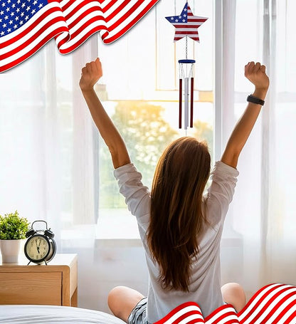 CoTa Global USA Flag Star Wind Chime - American Flag Patriotic Indoor or Outdoor Windchime Home Decor with Hanging Bells, Handcrafted Glass and Metal Wind Chimes for Yard, Garden, Porch – 37.7 Inch