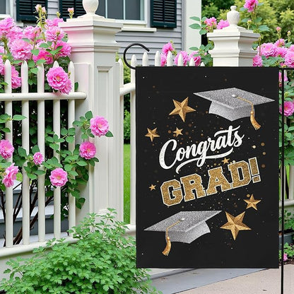 Congrats Grad Garden Flag Graduation Yard Flags Class of 2025 College Graduations Double Sided Graduational Cap Stars Black Gold House Banner for Lawn Porch Patio Yard Party Decor 12 x18 Inch