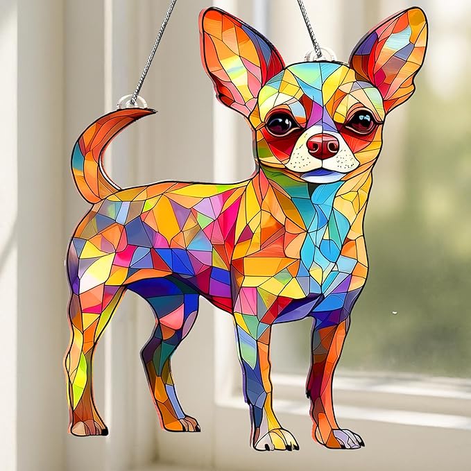 Colorful Dogs Acrylic Suncatcher Ornament for Window Decor, Acrylic Suncatcher Window Hanging Decor, Dog Lovers Gifts for Women, Dogs Christmas Ornaments for Tree Hanging (Chihuahua)