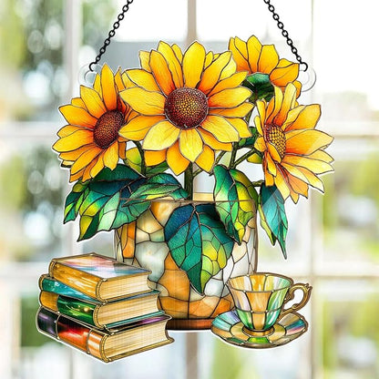 Jesuspirit - Window Hanging Suncatcher – Crystal Clear Acrylic & Wood Sun Catcher for Home Decor, for Women (Nostalgic Sunflowers, Books, and Tea, 8 Inches)