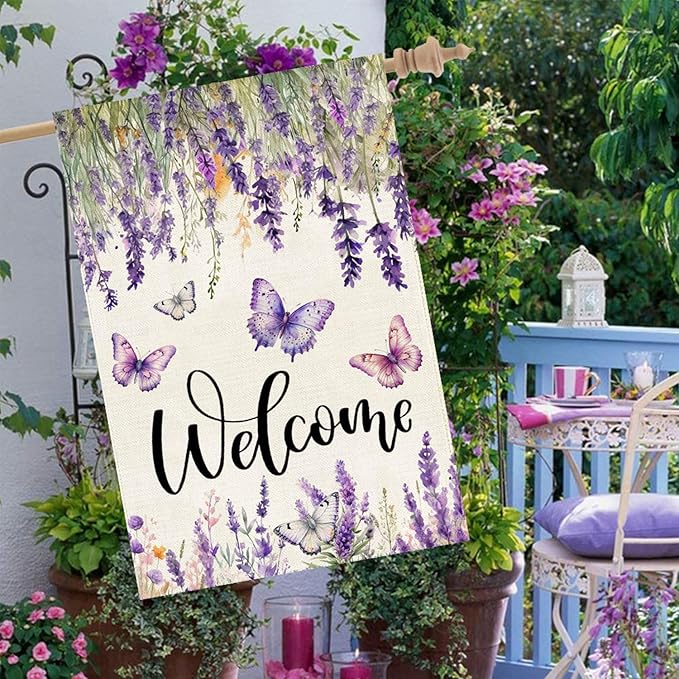 Baccessor Spring Summer Flower House Flag Lavender Butterfly Floral Welcome Yard Burlap Double Sided Vertical Seasonal Farmhouse Wedding Yard Outdoor Decoration 28x40 Inch（large）