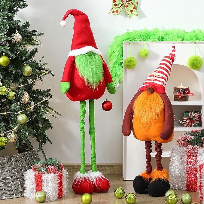 Yerliker 2 Pcs Christmas Large Plush Gnomes Decorations Lime Green Gnomes Xmas Stuffed Animals Porch Yard Decor 28 to 43 Inch Santa Decoration with Retractable Legs for Gifts Home Indoor Outdoor