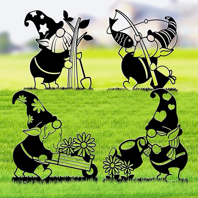 4PCS Gnomes Metal Decoration, Garden Gnome Metal Yard Art, Adorable Gnome Yard Ornament Stakes for Garden, Flower Bed and Patio