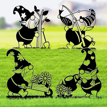 4PCS Gnomes Metal Decoration, Garden Gnome Metal Yard Art, Adorable Gnome Yard Ornament Stakes for Garden, Flower Bed and Patio