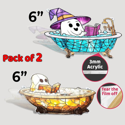 2 Boo Bathtub Acrylic Suncatchers, Gothic Cute Ghost Reading Book Window Hanging 6" Ornaments, Halloween Horror Home Decor Witch Handmade Wall Art, Gift for Women Mom Friends Family