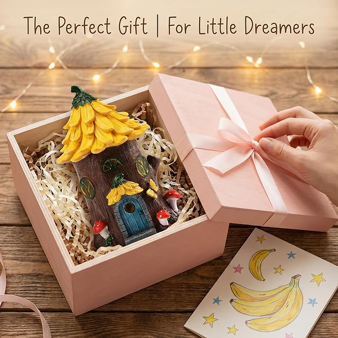 Lavezee Fairy House Outdoor Figurine Lights for Garden Decor, Fairy Garden Houses for Front Porch Patio Backyard Yard Decoration, Birthday Gifts for Mom Women
