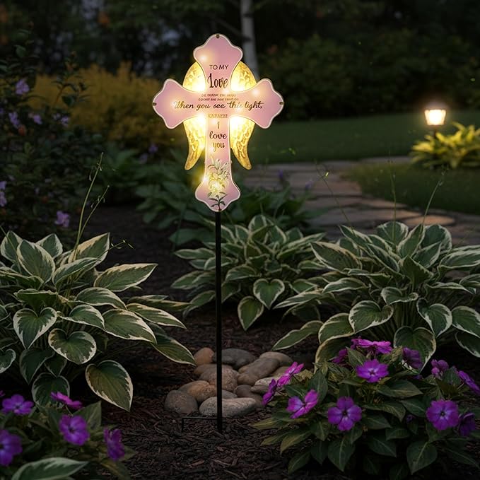 Solar Cross Lights with Angel Wings, Pink and Gold Memorial Grave Decorations, When You See This Light Remember I Love You Sentiment, Cemetery Tombstone Garden Stake with Ground Stake