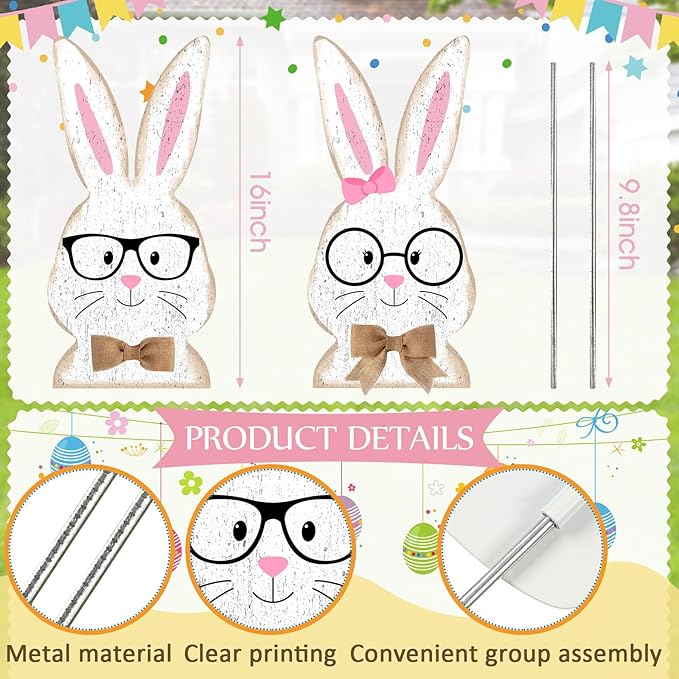 2 Pcs Easter/Spring Outdoor Decorations 16 Inch Easter Yard Signs Metal Pastel Gnome/Rustic Bunny/Lavender Garden Stakes for Home Outside Pathway Lawn Backyard Patio Farmhouse Party Decor(Rabbit)