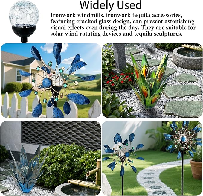 Jesokiibo 2PCS Solar Globe Lights Cracked Glass Ball,Garden Decor Outdoor Waterproof,Globe Lighting for Tequila Sculpture Metal Agave Plant Home Decor Balcony Backyard