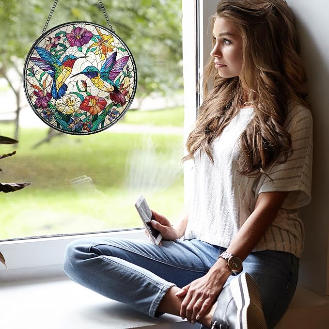 Rngmsi Hummingbird Stained Glass Window Hanging, 7.8″ Sun Catchers with Hook Indoor Window Decor, Decorative Suncatchers Home Garden Art Gift for Bird Lovers Thanksgiving Christmas Housewarming