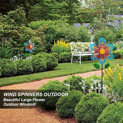 2 Pack Metal Wind Spinners for Garden Decor - Outdoor Windmill Sculptures, Durable Yard Art Wind Spinners Metal Wind Spinner for Patio Lawn Ornament, Vibrant Red & Blue Garden Spinners