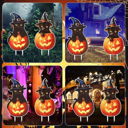 Large Outdoor Halloween Yard Signs, 2 PCS 31 inch Pumpkin Black Cat Halloween Yard Stakes Kids Friendly for Lawn Garden Home Decor Outside Party Supplies
