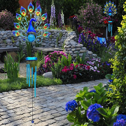 Outdoor Solar Wind Chimes, Metal Large Peacock Wind Chimes LED Lights Cracked Glass Ball Wtaerproof Garden Decorative Lights for Patio Yard Home Decor Gifts (Peacock)