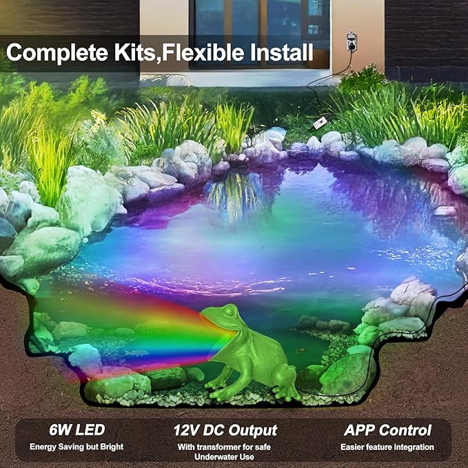 RGB Pond Light with APP, 6W Frog Fountain Lights with 12V Transformer, IP68 Waterproof Underwater Pond Lights with 32FT Cables for Ponds Waterfall Fountain Gardens Water Feature, 1 SpotLights