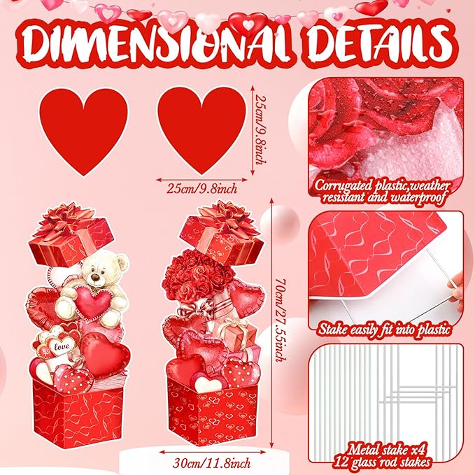 Yuntau 4 Pcs Valentine's Day Yard Signs Gift Box Outdoor Sign with Stakes Valentine Red Love Bear Heart Lawn for Holiday Pathway Lawn Stake Walkway Patio Party Wedding Anniversary Decor