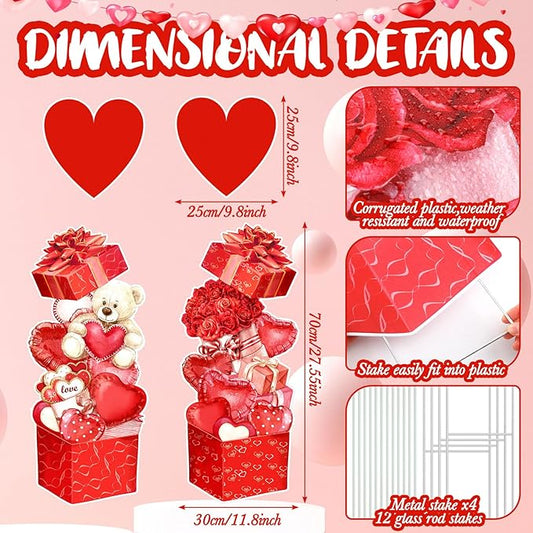 Yuntau 4 Pcs Valentine's Day Yard Signs Gift Box Outdoor Sign with Stakes Valentine Red Love Bear Heart Lawn for Holiday Pathway Lawn Stake Walkway Patio Party Wedding Anniversary Decor