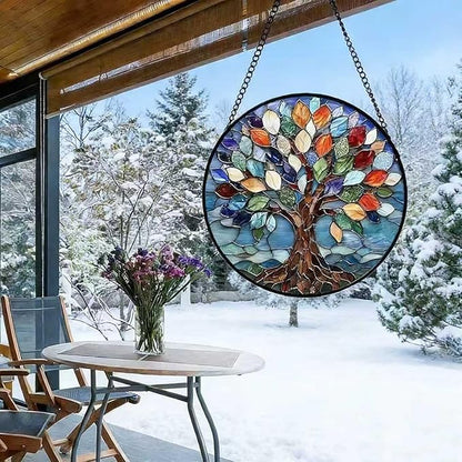 Tree of Life Sun Catcher Acrylic Suncatchers Full Cover Stained Glass Window Hanging Round Ornament Decor for Garden Indoor/Outdoor Housewarming Gift for Women Friends