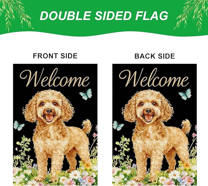 IVN Summer Poodle Dog Garden Flag 12x18 Inch Welcome Poodle Butterflies Wildflowers Double Sided Yard House Flag Seasonal Outdoor Decoration for Outside Home Front Door Lawn Porch Patio Spring Decor