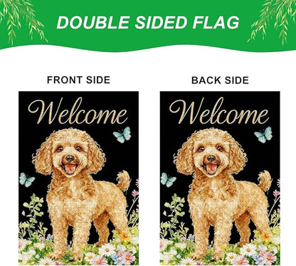 IVN Summer Poodle Dog Garden Flag 12x18 Inch Welcome Poodle Butterflies Wildflowers Double Sided Yard House Flag Seasonal Outdoor Decoration for Outside Home Front Door Lawn Porch Patio Spring Decor
