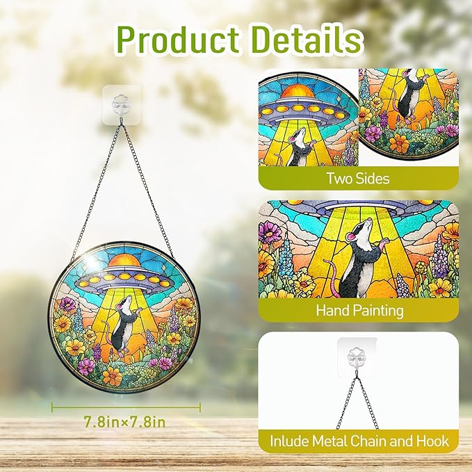 7.8 Inch Stained Glass Window Hanging UFO Mouse Sun Catcher Indoor Window Door Wall Yard Home Decor Stained Glass Ornament Colorful Glass Panel Suncatcher Gifts for Women Men Mom Art Lover Astronomer