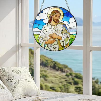 Stained Glass Window Hanging 7.9'' Jesus and Sheep Sun Catchers Stained Glass Suncatcher for Windows He is Risen Resurrection of Jesus Gift for Religious Christian Gifts Home Decor