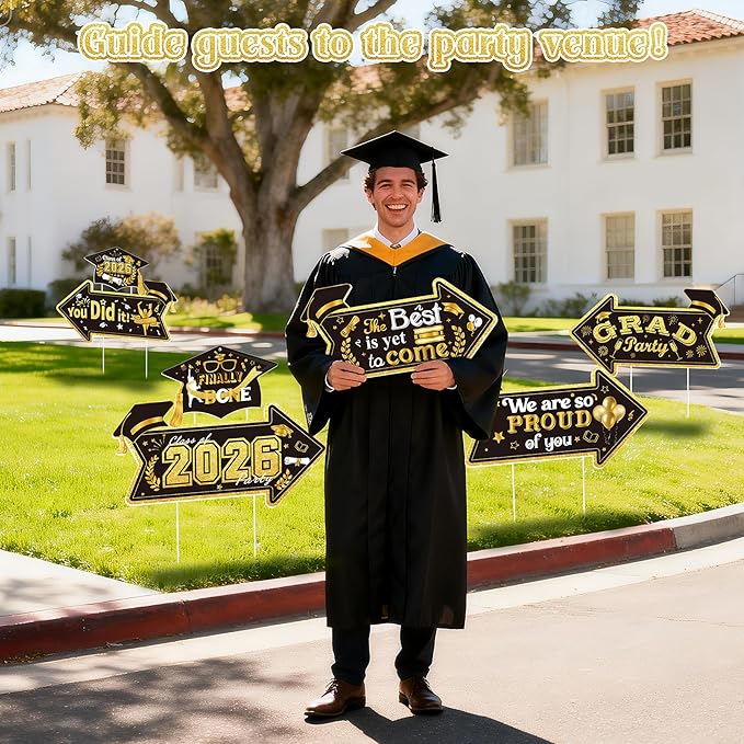 2026 Graduation This Way Yard Sign Arrow for Outdoor Pathway,Graduation Cap Hanging Yard Signs,Black Gold Directional Yard Signs with Stakes Ribbon,Grad Party Decor for College High School