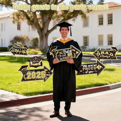 2026 Graduation This Way Yard Sign Arrow for Outdoor Pathway,Graduation Cap Hanging Yard Signs,Black Gold Directional Yard Signs with Stakes Ribbon,Grad Party Decor for College High School