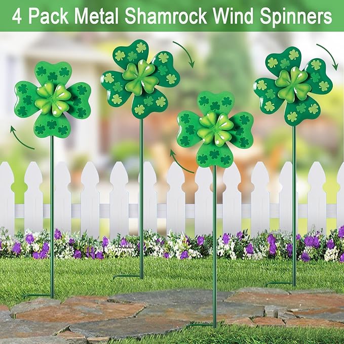Wind Spinners Outdoor,4 Pack Shamrock Garden Stakes for Outside,Saint Patrick's Day Decorations,Metal Wind Spinner Yard Art for Patio,Lawn