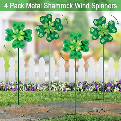 Wind Spinners Outdoor,4 Pack Shamrock Garden Stakes for Outside,Saint Patrick's Day Decorations,Metal Wind Spinner Yard Art for Patio,Lawn