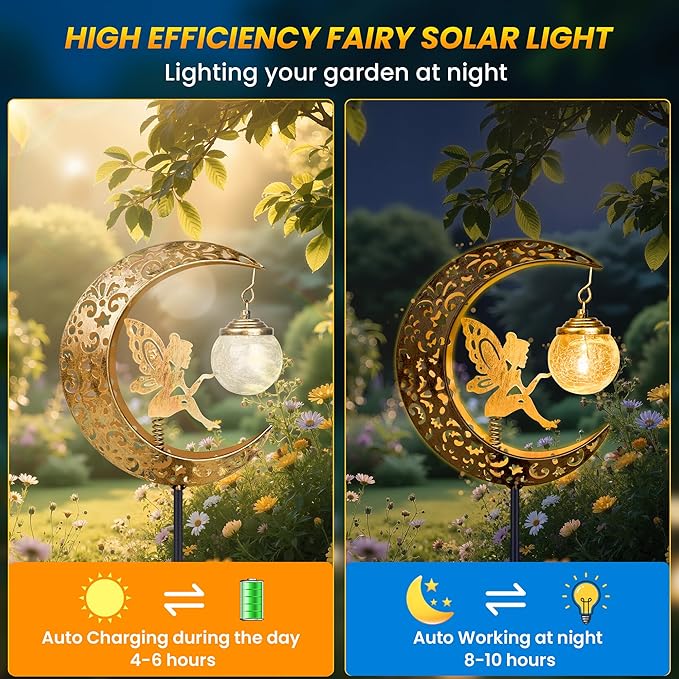 Solar Garden Statues Outdoor Decor, Fairy Moon Figurine Light Stake, Housewarming Ornament for Patio, Lawn, Yard, Pathway - Unique Gift Ideas for Gardening Mom Grandma