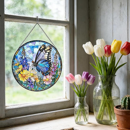 7.87" Sun Catchers Indoor Window,Butterfly Stained Glass Window Hanging, Window Suncatcher Hanging Ornaments Wall Art, Hand-Painted Glass Panel Home Decor (Style R)