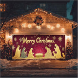 HOMETITUTE Merry Christmas Garage Door Banner 13x6ft Golden Glitter Nativity Scene Theme Backdrop Holiday Decor Winter Door Cover Banners for Outside Garage Wall Covering for Party Garage Decorations