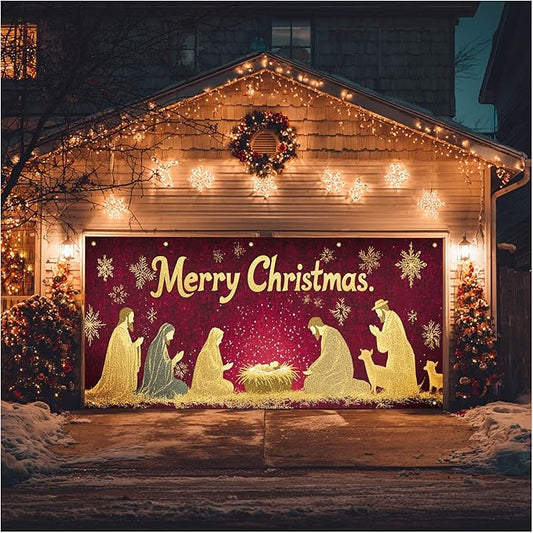 HOMETITUTE Merry Christmas Garage Door Banner 13x6ft Golden Glitter Nativity Scene Theme Backdrop Holiday Decor Winter Door Cover Banners for Outside Garage Wall Covering for Party Garage Decorations